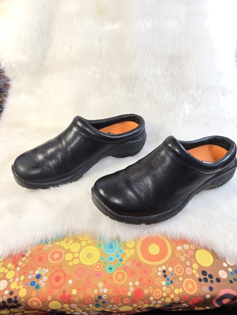 Merrell Womens Black Leather Slip-On Leather Clogs w/ Orange Padded Insole